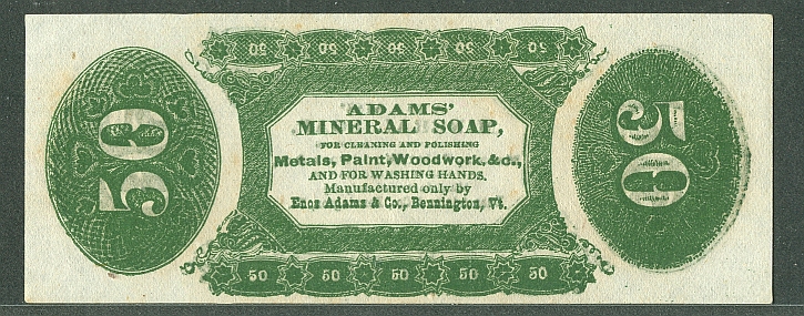 Vermont, Bennington, Adams' Mineral Soap Advertising Note, 50c, CU